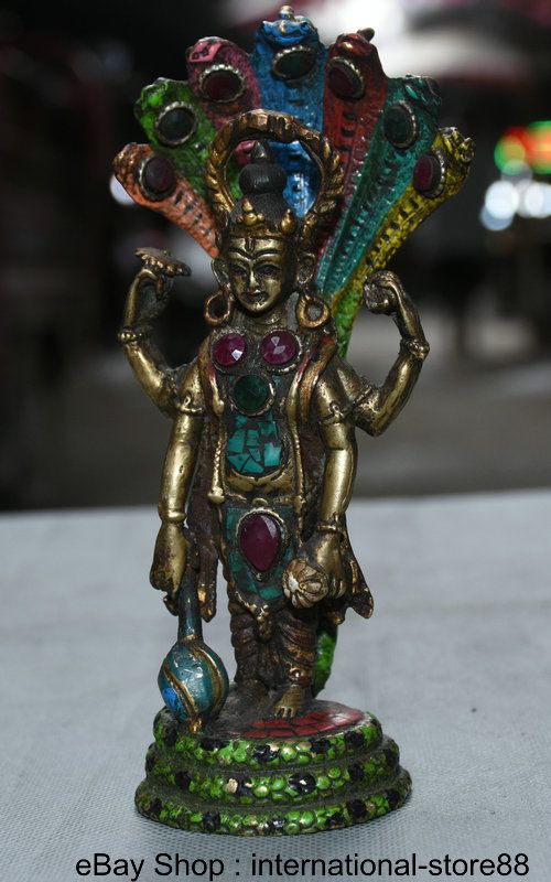 5.6" Old Tibetan Bronze Turquoise 4 Arms 5-Heads Snake ...